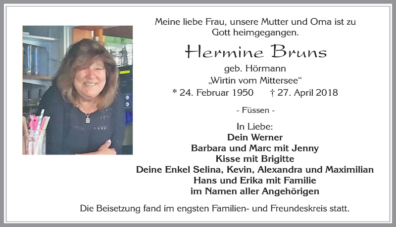  Traueranzeige für Hermine Bruns vom 09.05.2018 aus Allgäuer Zeitung, Füssen