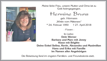 Traueranzeige von Hermine Bruns von Allgäuer Zeitung, Füssen