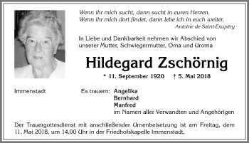Traueranzeige von Hildegard Zschörnig von Allgäuer Anzeigeblatt