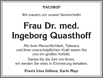 Traueranzeige von Ingeborg Quasthoff von Allgäuer Zeitung, Füssen