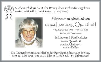 Traueranzeige von Ingeborg Quasthoff von Allgäuer Zeitung, Füssen