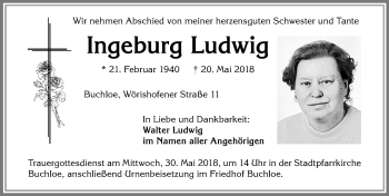 Traueranzeige von Ingeburg Ludwig von Allgäuer Zeitung, Kaufbeuren/Buchloe