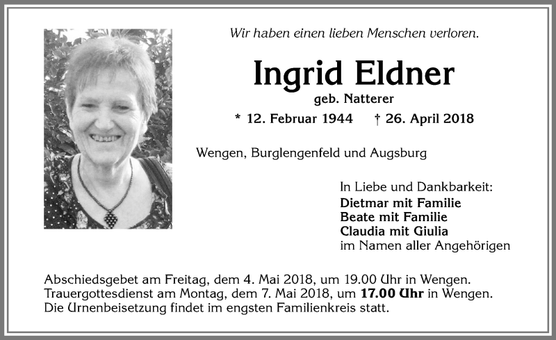  Traueranzeige für Ingrid Eldner vom 03.05.2018 aus Allgäuer Zeitung,Kempten