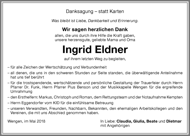  Traueranzeige für Ingrid Eldner vom 19.05.2018 aus Allgäuer Zeitung,Kempten