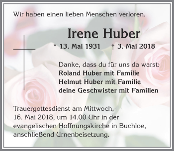 Traueranzeige von Irene Huber von Allgäuer Zeitung, Kaufbeuren/Buchloe