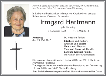 Traueranzeige von Irmgard Hartmann von Allgäuer Zeitung, Marktoberdorf