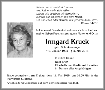 Traueranzeige von Irmgard Kruck von Allgäuer Zeitung,Kempten