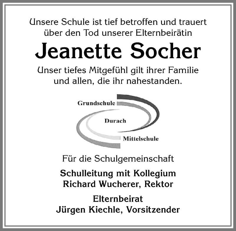  Traueranzeige für Jeanette Socher vom 11.05.2018 aus Allgäuer Zeitung,Kempten