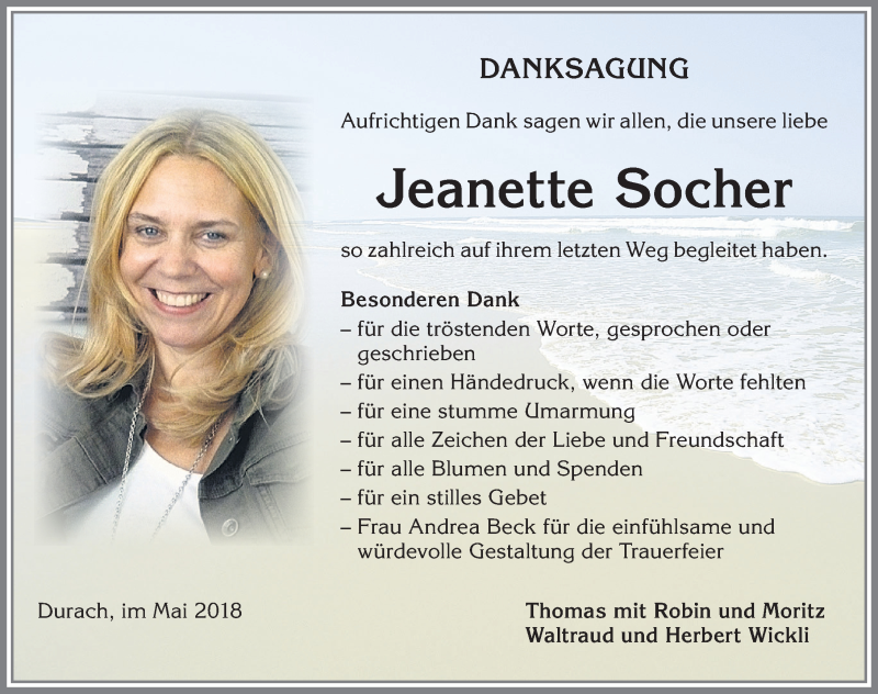  Traueranzeige für Jeanette Socher vom 19.05.2018 aus Allgäuer Zeitung,Kempten