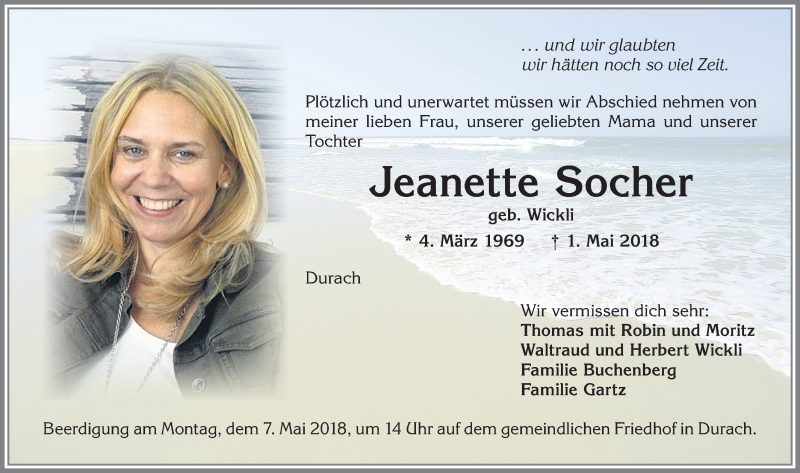  Traueranzeige für Jeanette Socher vom 05.05.2018 aus Allgäuer Zeitung,Kempten
