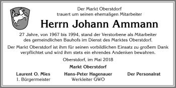 Traueranzeige von Johann Ammann von Allgäuer Anzeigeblatt