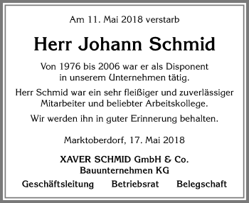 Traueranzeige von Johann Schmid von Allgäuer Zeitung, Marktoberdorf