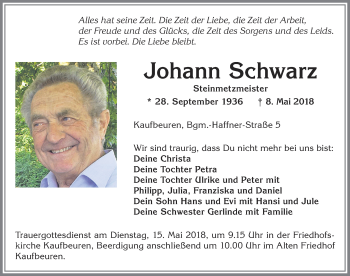 Traueranzeige von Johann Schwarz von Allgäuer Zeitung, Kaufbeuren/Buchloe