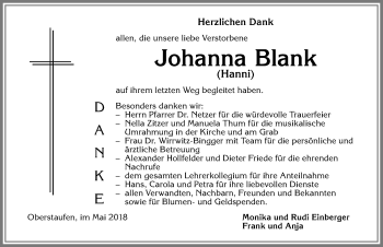 Traueranzeige von Johanna Blank von Allgäuer Anzeigeblatt