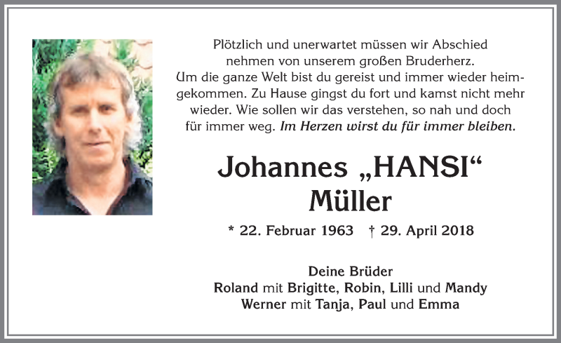  Traueranzeige für Johannes Müller vom 02.05.2018 aus Memminger Zeitung