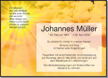 Traueranzeige von Johannes Müller von Memminger Zeitung