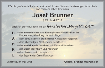 Traueranzeige von Josef Brunner von Allgäuer Zeitung,Kempten