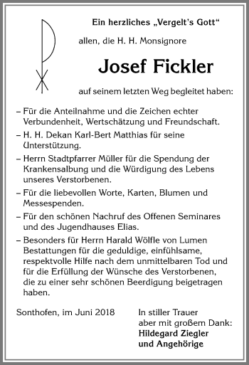 Traueranzeige von Josef Fickler von Allgäuer Anzeigeblatt