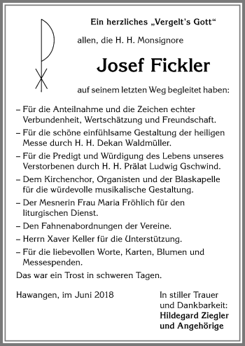 Traueranzeige von Josef Fickler von Memminger Zeitung