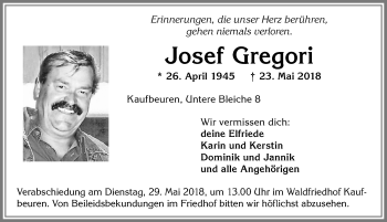 Traueranzeige von Josef Gregori von Allgäuer Zeitung, Kaufbeuren/Buchloe