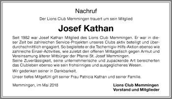 Traueranzeige von Josef Kathan von Memminger Zeitung