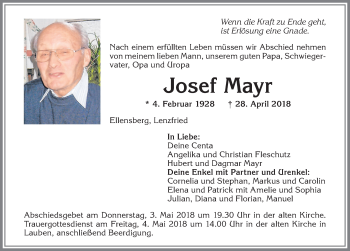 Traueranzeige von Josef Mayr von Allgäuer Zeitung,Kempten