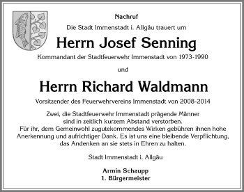 Traueranzeige von Josef Senning von Allgäuer Anzeigeblatt