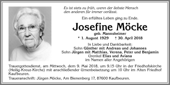 Traueranzeige von Josefine Möcke von Allgäuer Zeitung, Kaufbeuren/Buchloe