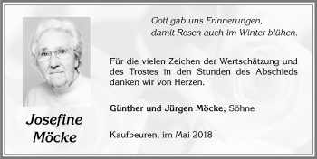 Traueranzeige von Josefine Möcke von Allgäuer Zeitung, Kaufbeuren/Buchloe
