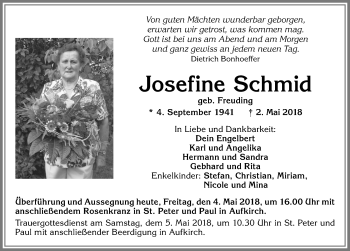 Traueranzeige von Josefine Schmid von Allgäuer Zeitung, Kaufbeuren/Buchloe