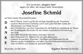 Traueranzeige von Josefine Schmid von Allgäuer Zeitung, Kaufbeuren/Buchloe