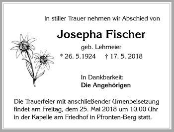 Traueranzeige von Josepha Fischer von Allgäuer Zeitung, Füssen