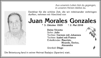 Traueranzeige von Juan Morales Gonzales von Allgäuer Zeitung, Kaufbeuren/Buchloe