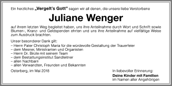 Traueranzeige von Juliane Wenger von Memminger Zeitung