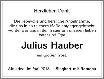 Traueranzeige von Julius Hauber von Allgäuer Zeitung,Kempten