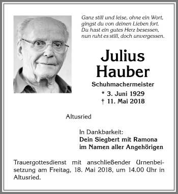 Traueranzeige von Julius Hauber von Allgäuer Zeitung,Kempten