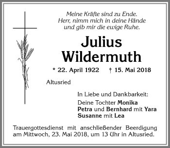 Traueranzeige von Julius Wildermuth von Allgäuer Zeitung,Kempten