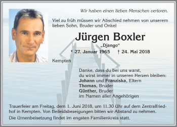 Traueranzeige von Jürgen Boxler von Allgäuer Zeitung,Kempten