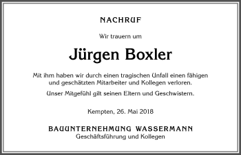 Traueranzeige von Jürgen Boxler von Allgäuer Zeitung,Kempten