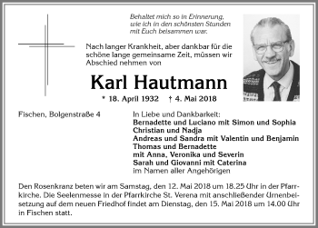 Traueranzeige von Karl Hautmann von Allgäuer Anzeigeblatt
