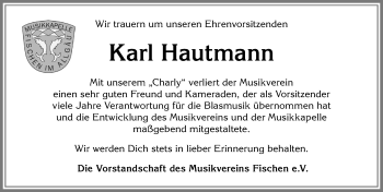 Traueranzeige von Karl Hautmann von Allgäuer Anzeigeblatt