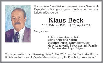 Traueranzeige von Klaus Beck von Allgäuer Zeitung, Kaufbeuren/Buchloe