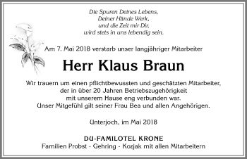 Traueranzeige von Klaus Braun von Allgäuer Anzeigeblatt