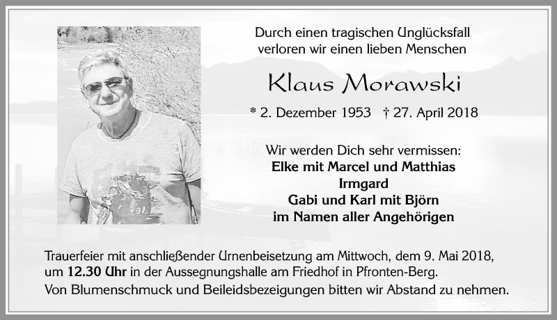  Traueranzeige für Klaus Morawski vom 05.05.2018 aus Allgäuer Zeitung, Füssen