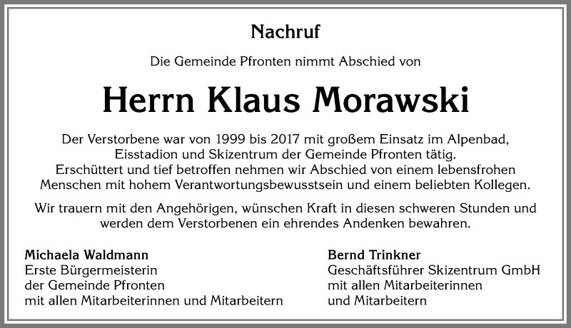  Traueranzeige für Klaus Morawski vom 05.05.2018 aus Allgäuer Zeitung, Füssen