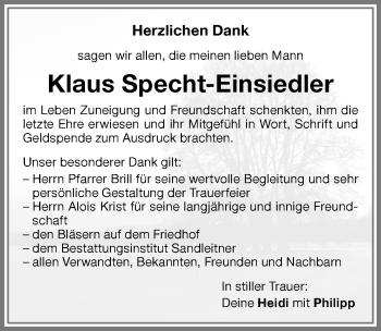 Traueranzeige von Klaus Specht-Einsiedler von Memminger Zeitung