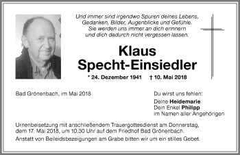Traueranzeige von Klaus Specht-Einsiedler von Memminger Zeitung