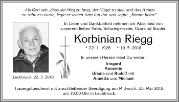 Traueranzeige von Korbinian Riegg von Allgäuer Zeitung, Füssen