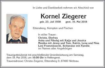 Traueranzeige von Kornel Ziegerer von Allgäuer Zeitung