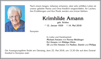 Traueranzeige von Krimhilde Amann von Allgäuer Zeitung,Kempten